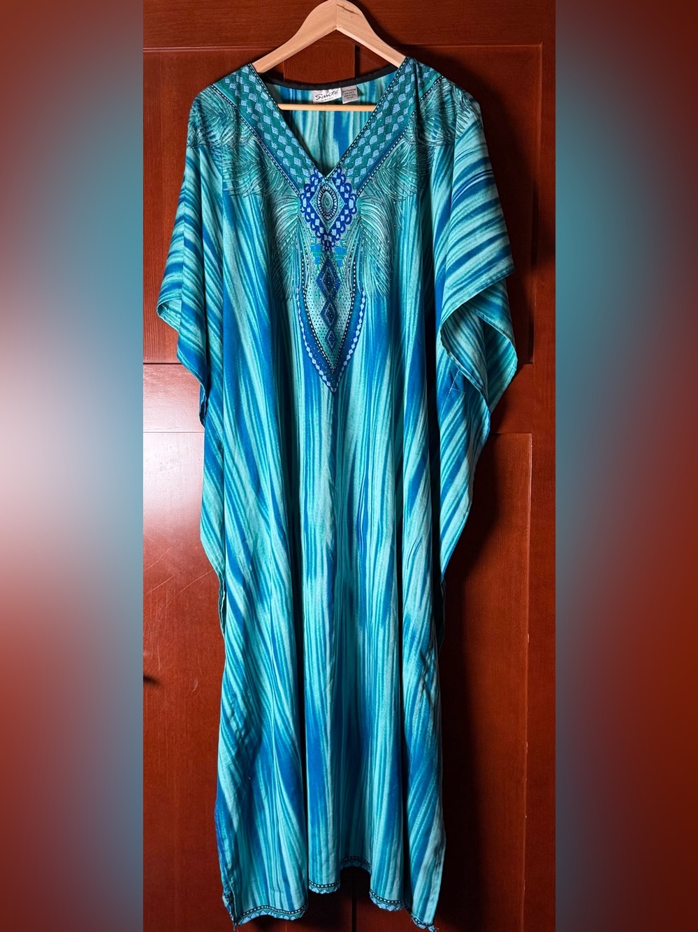VTG 80’s Sante’ Classics Teal Brushstroke Embellished Resortwear Caftan One Size